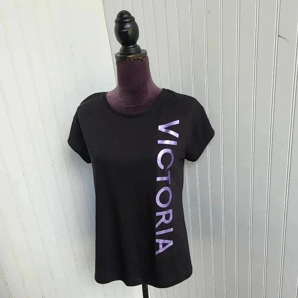 Victoria's Secret Sport Black Scoop Back Purple Logo ANGEL top tunic Shirt S